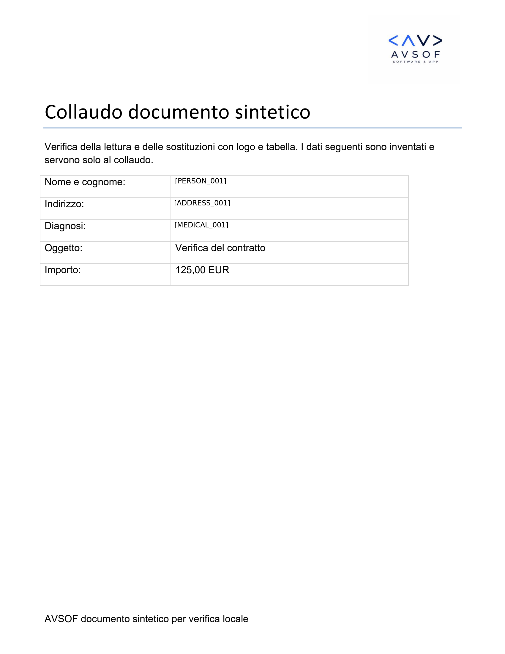 Risultato sintetico AnonDoc: pagina con logo AVSOF, tabella e segnaposto al posto dei dati approvati